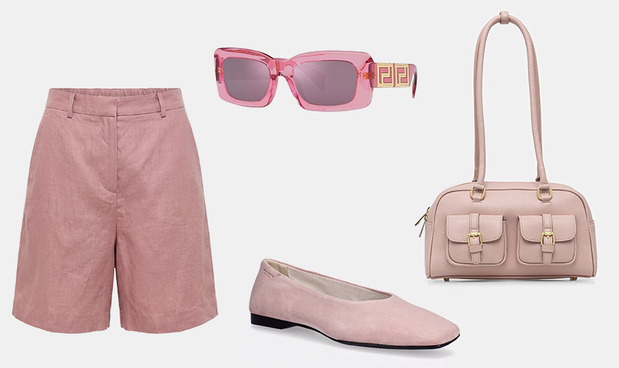 Λινό σορτς σε blush pink, Answear.LAB // Γυαλιά ηλίου, Versace // Σουέτ μπαλαρίνες DELIA, Vagabond Shoemakers // Μικρή δερμάτινη τσάντα, Answear.LAB