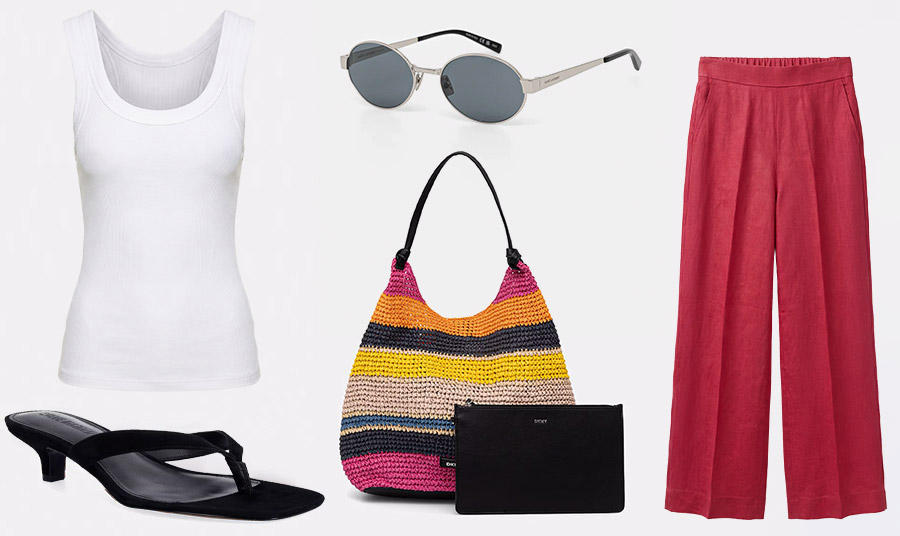 Αμάνικο φανελάκι, Rag&Bone // Σαγιονάρες από σουέτ Tracie, Steve Madden // Γυαλιά ηλίου, Saint Laurent // Πλεκτή τσάντα, DKNY // Λινό παντελόνι, United Colors of Benetton