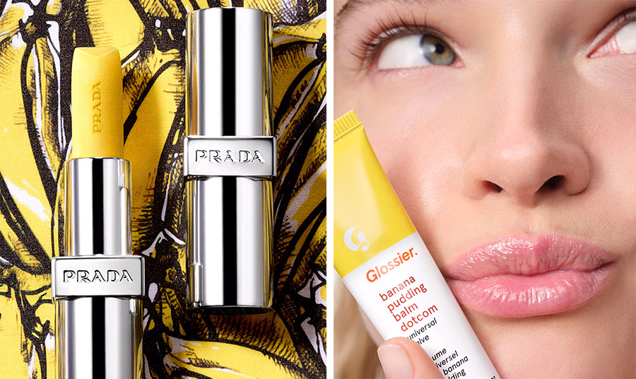 Ενυδατικό βάλσαμο χειλιών με λάδι jojoba Banana Yellow της Prada σε χρώμα κίτρινο μπανάνας με μεταξένια φόρμουλα παρέχει βαθιά, καταπραϋντική ενυδάτωση. Η κίτρινη απόχρωση προσθέτει μια χρυσή λάμψη στα χείλη και το ζουμερό άρωμα μπανάνας προσφέρει μια αισθητηριακή εμπειρία // Το εμβληματικό lip balm Banana Pudding Balm Dotcom «κάνει τα πάντα. Πλούσιο σε ενυδατικά, αντιοξειδωτικά και μαλακτικά, η αγαπημένη του σύνθεση διορθώνει γρήγορα την ξηρότητα. Και το άρωμα Banana Pudding; Απολαυστικό.