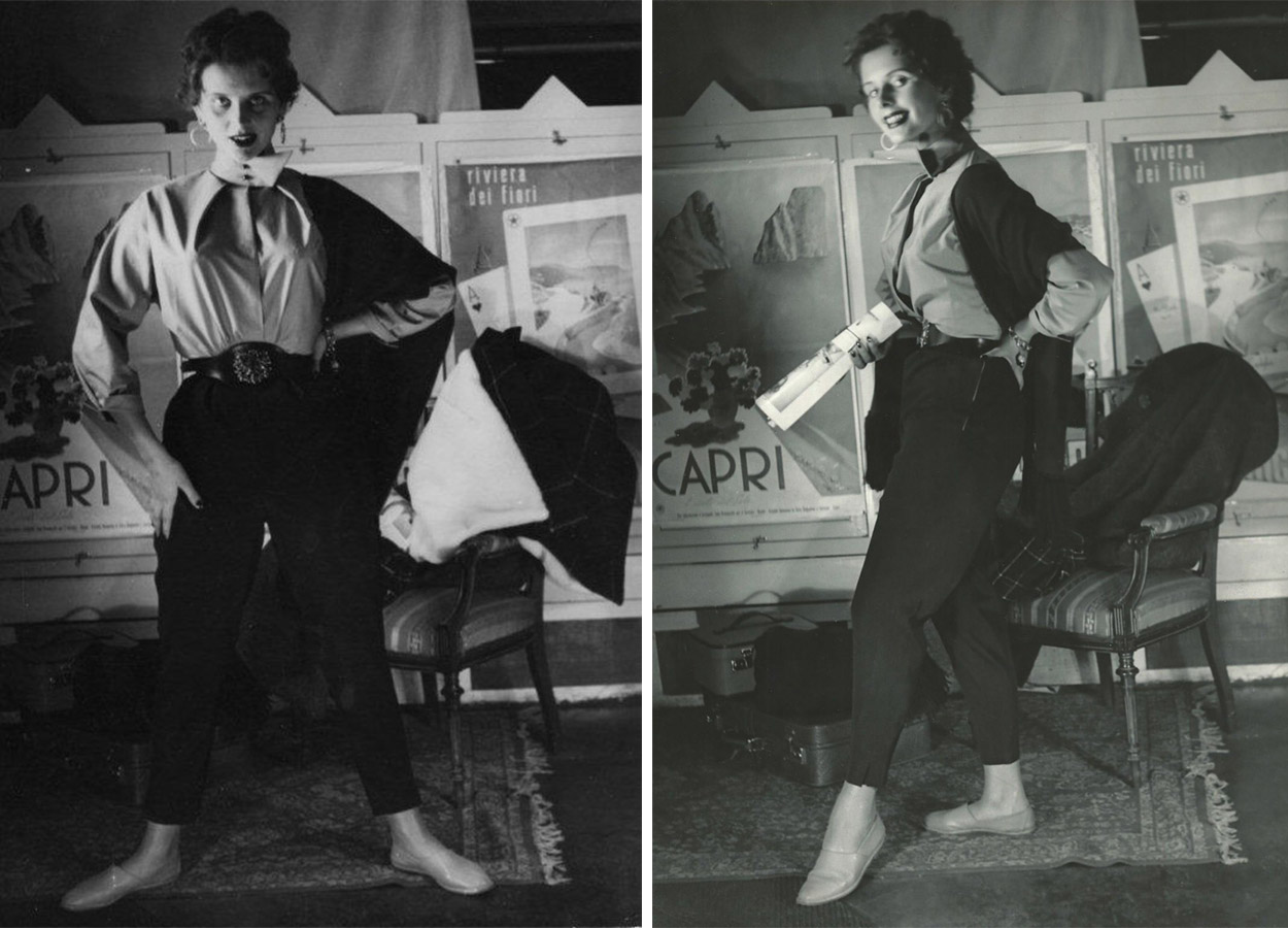 Η Sonja de Lennart φορώντας τη δημιουργία της Πηγή εικόνας: De Lennart Inc./Sonja de Lennart // Το πρώτο παντελόνι κάπρι Πηγή εικόνας: De Lennart Inc./Sonja de Lennart