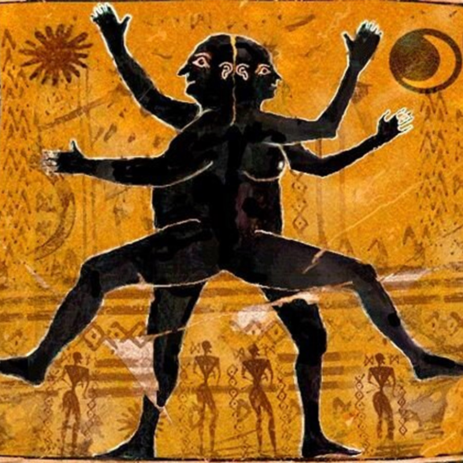 Καλλιτεχνική απόδοση της έννοιας του Αριστοφάνη για τις αδελφές ψυχές, η οποία απεικονίζει σφαιρικά ανθρώπινα όντα με δύο κεφάλια, τέσσερα χέρια και τέσσερα πόδια. PHOTO WIKIMEDIA COMMONS