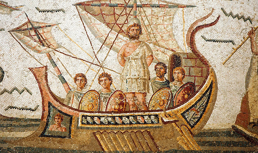 Οι Σειρήνες και ο Οδυσσέας δεμένος στο κατάρτι του πλοίου καθώς αυτός και οι άντρες του συναντούν τις Σειρήνες. Λεπτομέρεια ρωμαϊκού ψηφιδωτού από την Οικία του Διονύσου και του Οδυσσέα στη Ντούγκα (Θούγκα), Τυνησία. Εθνικό Μουσείο Μπαρντό, Τύνιδα, Τυνησία. PHOTO BRITANNICA AI