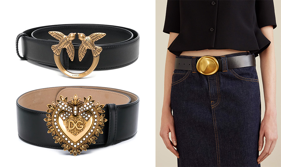 Φαρδιά ζώνη με χρυσή αγκράφα πουλιά, Pinko // Φαρδιά ζώνη με στολισμένη αγκράφα-καρδιά, Dolce&Gabbana // PHOTO KHAITE
