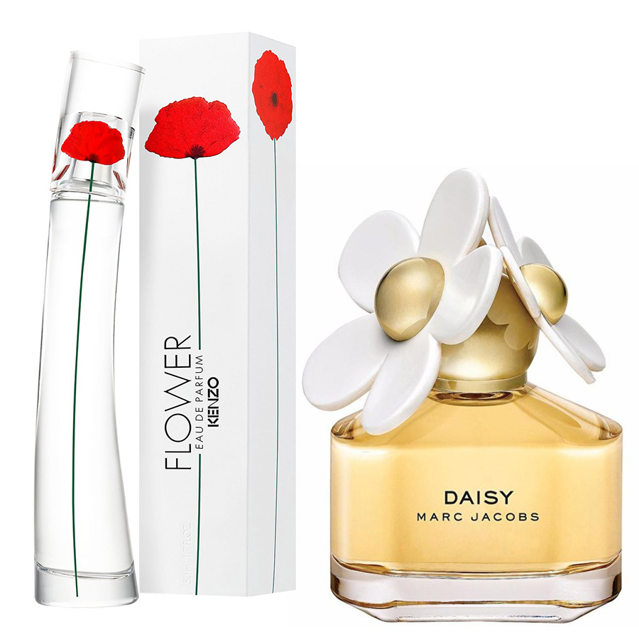 Δύο εμβληματικά αρώματα: Το Flower Eau de Parfum του Κenzo από το 2000 και το Daisy Eau de Toilette του Μarc Jacobs από το 2007 PHOTO KENZO // PHOTO MARC JACOBS