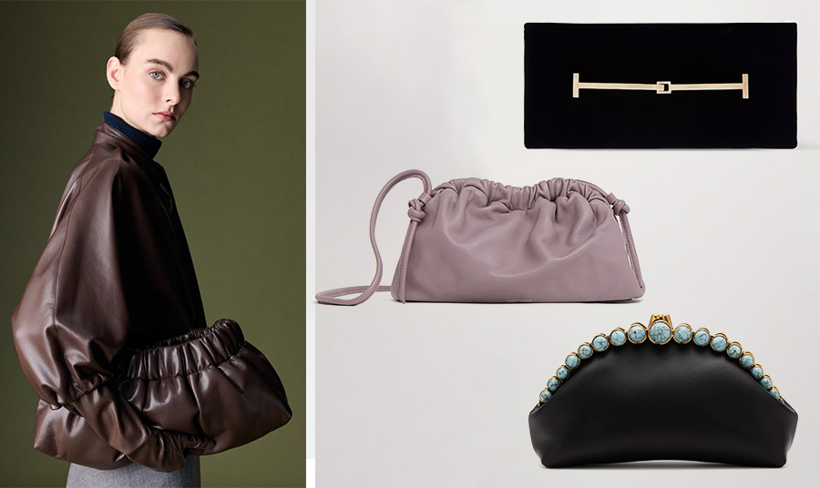 PHOTO MAISON NATAN // Μαύρο clutch σε γεωμετρική γραμμή, Tom Ford // Σε μωβ, Mansur Gabriel // Από δέρμα στολισμένο με πέτρες, Cult Gaia