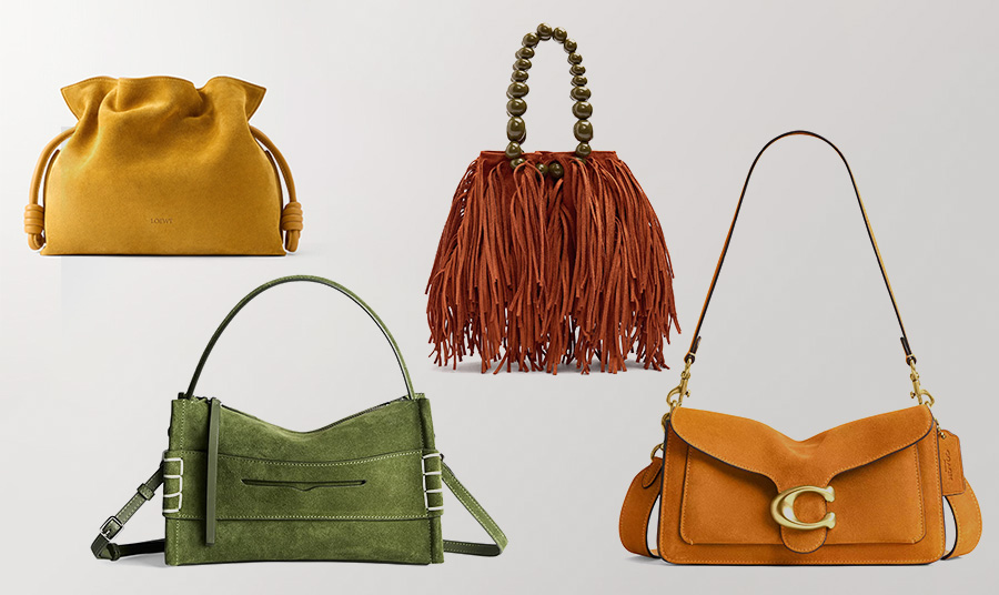 Πουγκί σε κίτρινο σουέντ, Loewe // Σε απόχρωση τερακότα με κρόσσια και χερούλι από χάντρες, Parfois // Λαδί σουέντ, JW Anderson // Σε «καμμένο» πορτοκαλί, Coach