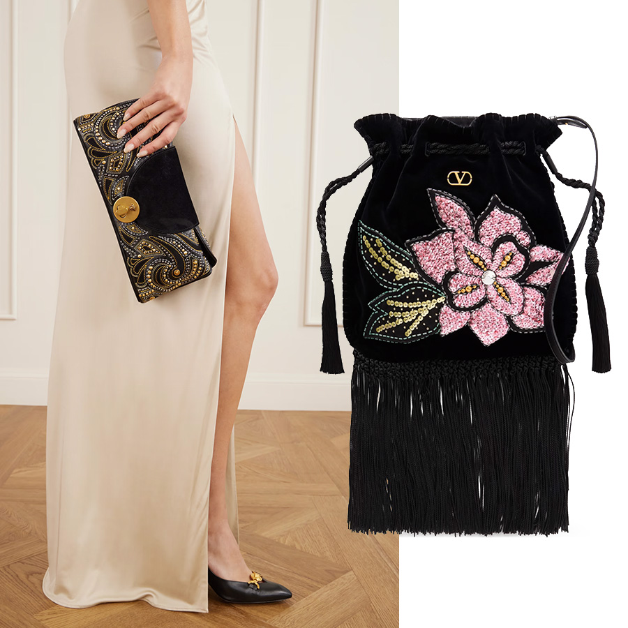 Κεντημένο clutch, Versace // Η πολυσυζητημένη εκδοχή του vintage η κεντημένη βελούδινη τσάντα με κρόσσια, Valentino