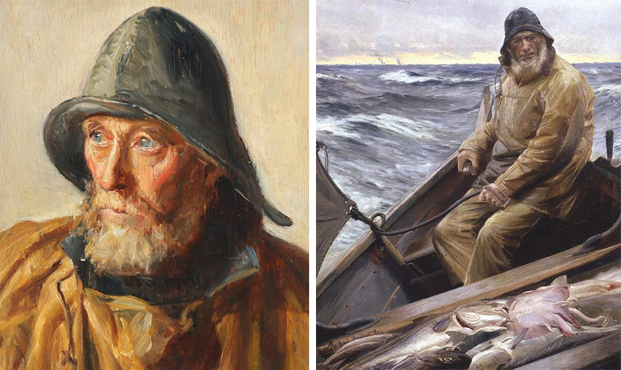 A Fisherman from Skagen, ελαιογραφία Peter Ancher, 1913, photo Artnet // Fisherman returning from his work, ελαιογραφία, Peter Ancher, 1886 photo Wikipedia