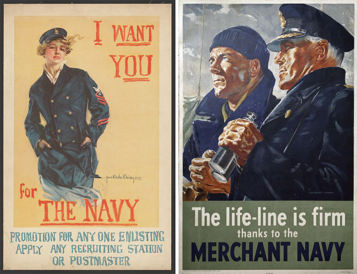 A recruiting poster from 1917 by Howard Chandler Christy. Credit ©Library of Congress) // An English World War II-era poster by Charles Wood. (Credits: ©https://www.vam.ac.uk.)