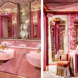 Το Powder Room: Οι τουαλέτες με νιπτήρες- όστρακα από ροζ όνυχα, βρύσες-χρυσοί κύκνοι, οροφή με χιλιάδες μεταξωτές παιώνιες, μεταξωτό χαλί από τριαντάφυλλα... Ούτε λίγο ούτε πολύ, είναι αυτή τη στιγμή το πιο γκλάμουρ σημείο του Λονδίνου!
