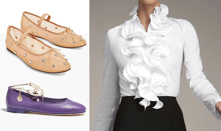 Μπαλαρίνες στολισμένες με κρύσταλλα, Loeffler Randall // Μοβ χρώμα και κομψά στολίδια για τις μπαλαρίνες, Chanel // Ένα κλασικό λευκό πουκάμισο παίρνει άλλη μορφή με βολάν
