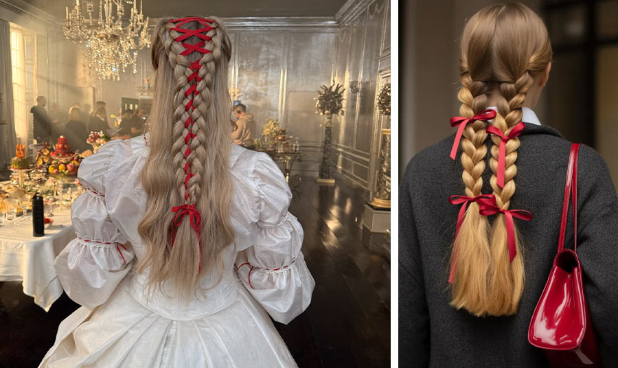 Τα μαλλιά πλεξούδα με κόκκνη κορδέλα από την ταινία «Ανεμοδαρμένα Ύψη» και μία εκδοχή του χτενίσματος για τα καθ’ημάς! PHOTO SIAN MILLER WARNER BROSS // PHOTO VIA PINTEREST