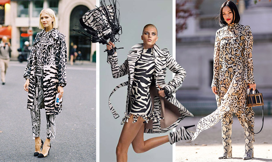 Διαφορετικά μοτίβα animal print αλλά στους ίδιους τόνους. Σίγουρα, η εμφάνιση με παντελόνι, τοπ και πανωφόρι είναι εντυπωσιακός, όσο και…δύσκολος // Ζέβρα μοτίβο σε φόρεμα, πανωφόρι, τσάντα και μποτίνια, η κυριολεξία του από κορυφής μέχρις ονύχων! // Φόρεμα και ψηλές μπότες animal print που τραβά τα βλέμματα