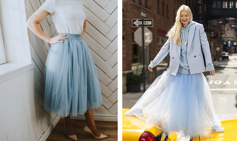 Μία παστέλ γαλάζια τούλινη φούστα με ένα απλό λευκό T-shirt για κάθε μέρα // Η Gigi Hadid με μακριά παστέλ γαλάζια φούστα από τούλι, ενώ γύριζε μια καμπάνια της Maybelline στη Νέα Υόρκη