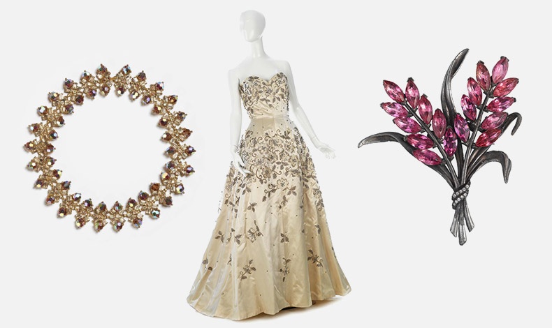Από το αρχείο Swarovski: Τσόκερ για τον οίκο Dior, 1956 // Βραδινό φόρεμα κεντημένο με κρύσταλλα Swarovski για τον οίκο Balmain, 1954 // Καρφίτσα με κρύσταλλα του 1920
