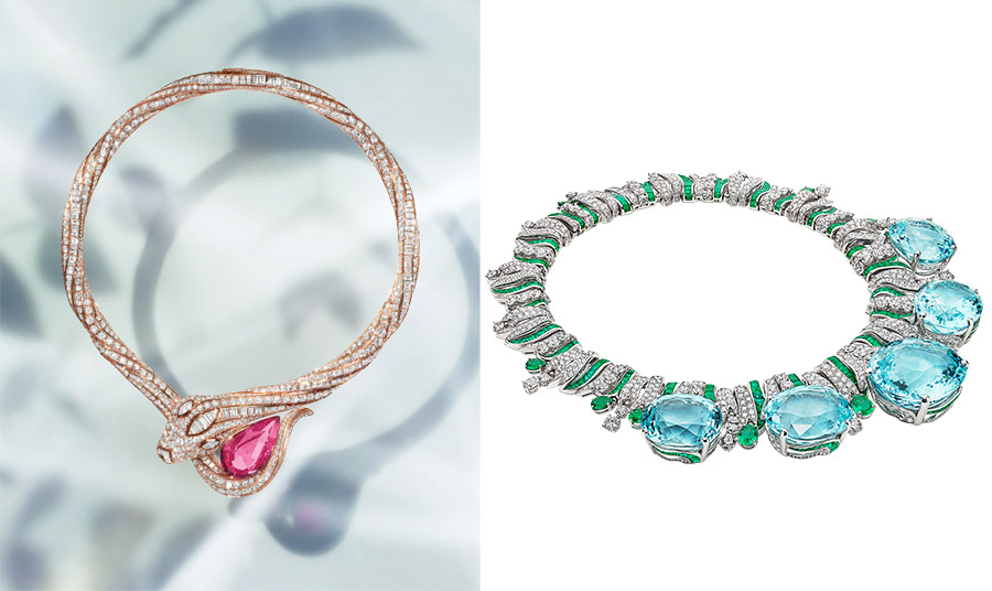 Η μασκότ του Bulgari, το φίδι, έχει διαμορφώσει νατουραλιστικά κομμάτια όπως το Serpenti Spinel Embrace από ροζ χρυσό, διαμάντια, και ένα ροζ ρουμπίνι 25,70 καρατίων από το Τατζικιστάν // Το νέο κολιέ Emerald Venus μοιάζει σαν να βυθίζεσαι στα νερά της Μεσογείου… από όπου αναδύθηκε η Αφροδίτη