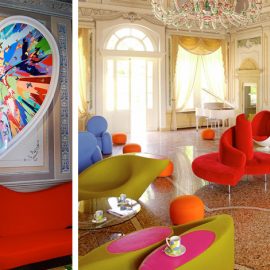 Τα καθίσματα με την υπογραφή διάσημων designers από τον Ron Arad μέχρι τον Gaetano Pesce αλλά και τα εξαιρετικά έργα Τέχνης από τους Sol LeWitt, Marina Abramović, Damien Hirst, Marc Quinn αλλά και άλλων που μετατρέπουν τους χώρους σε γκαλερί