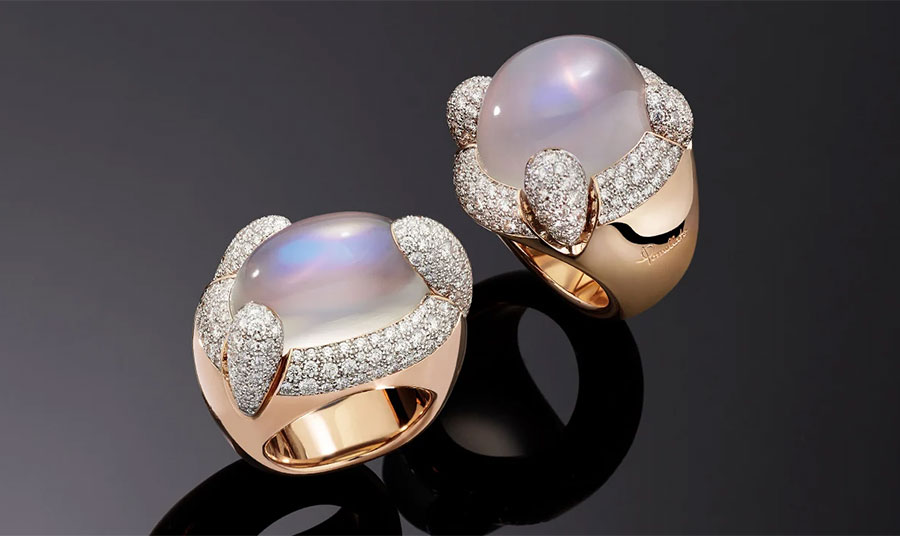 Δαχτυλίδια από ροζ χρυσό, διαμάντια και σεληνόλιθο, συλλογή POMELLATO