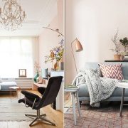 Ροζ τοίχοι για το καθιστικό που συνδυάζονται μοναδικά με έναν άνετο καναπέ με γαλάζια ταπετσαρία