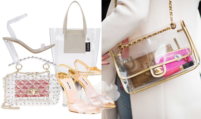 Διάφανο πέδιλο, Yeezy // Shopping bag, Kara // Βραδινό τσαντάκι, Valentino // Πέδιλα με διάφανο τακούνι και λουλούδια και χρυσές λεπτομέρειες, Miu Miu // Διαφάνεια με χρυσό για την τσάντα, Chanel