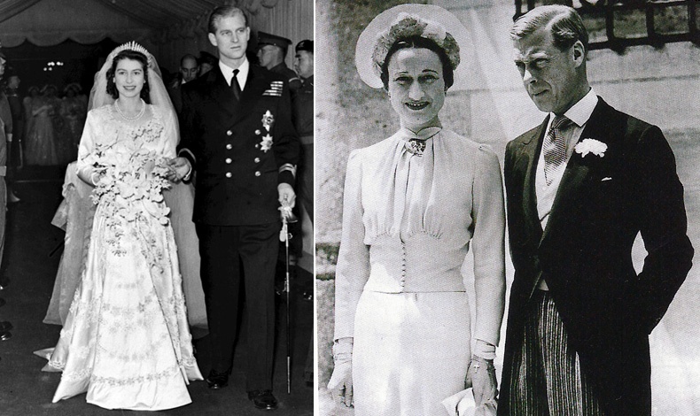 Η βασίλισσα Ελισάβετ της Αγγλίας με νυφικό από ιβουάρ σατέν και διακοσμημένο 10.000 πέρλες // Η Γουόλις Σίμπσον φορούσε γαλάζιο φόρεμα-δημιουργία του αμερικανού οίκου Mainbocher