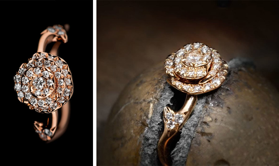 Η λατρεία του Christian Dior για τα τριαντάφυλλα, έδωσε την έμπνευση για τη  συλλογή κοσμημάτων Rose Dior, με την Elizabeth Debicki να ενσαρκώνει την αιθέρια ομορφιά τους! Το δαχτυλίδι από ροζ χρυσό, ροζ quartz και διαμάντια είναι ένα εντυπωσιακό δείγμα της σειρά Rose Dior Pré Catelan