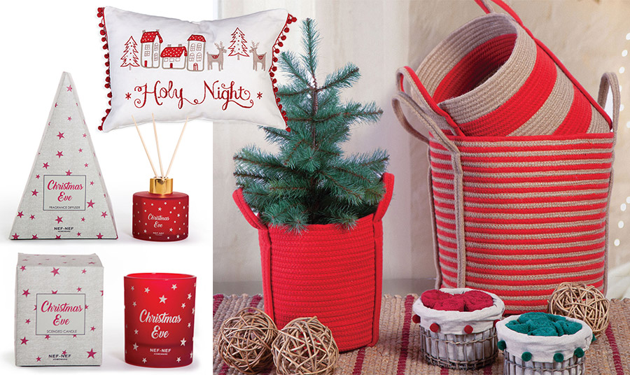 Για να αρωματιστεί ο χώρος μας, επιλέξτε τα στικ και τα κεριά με τη χριστουγεννιάτικη μυρωδιά και στολίστε με κόκκινα ψάθινα οικολογικά καλάθια μία γωνιά σας, από τη χριστουγεννιάτικη συλλογή NEF NEF Homeware
