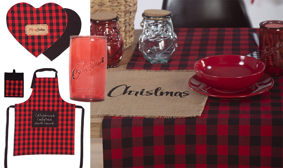 «Ντυθείτε» στα κόκικνα καρό! Σουπλά, πιάστρα, ποδιά και ράνερ από τη συλλογή Christmas Check και κόκκινο ποτήρι νερού από ανακυκλωμένο γυαλί, NEF NEF Homeware