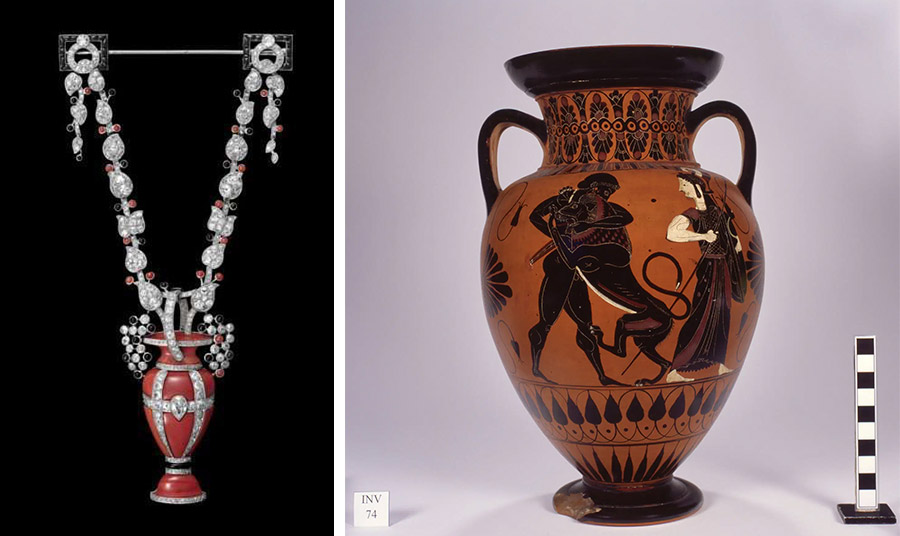 Καρφίτσα Stomacher, κατασκευασμένη κατόπιν παραγγελίας (1907· πλατίνα, διαμάντια, ζαφείρια· Συλλογή Cartier) Vincent Wulveryck, Συλλογή Cartier © Cartier // Αττικός μελανόμορφος αμφορέας που αποδίδεται στον Ζωγράφο των Συντηρητών, ο Ηρακλής παλεύει με το λιοντάρι της Νεμέας παρουσία της Αθηνάς (550-500 π.Χ.· τερακότα· Ρώμη, Μουσεία Καπιτωλίου, Συλλογή Augusto Castellani - Αρ. CA 74) © Sovrintendenza Capitolina ai Beni Culturali