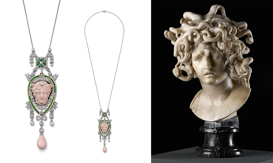 Μενταγιόν με την Κεφαλή της Μέδουσας, 1906· Συλλογή PHOTO NILS HERRMANN © CARTIER // Μέδουσα (1644-1648) Gian Lorenzo Bernini. μάρμαρο· Ρώμη, Μουσεία Καπιτωλίου © Sovrintendenza Capitolina ai Beni Culturali