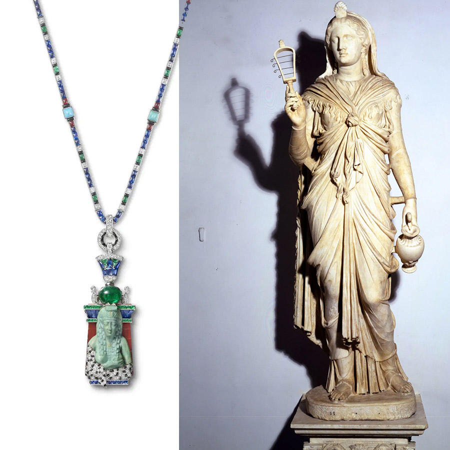 Αιγυπτιακό Κολιέ (1927-1928)· πλατίνα, χρυσός, μπλε αιγυπτιακή φαγεντιανή, διαμάντια, ζαφείρια, σμαράγδια, καρνεόλη, τυρκουάζ, όνυχα· Συλλογή Cartier), Συλλογή Cartier PHOTO NILS HERRMANN, ©CARTIER   // Άγαλμα της  Ίσιδας PHOTO MUSEI CAPITOLINI