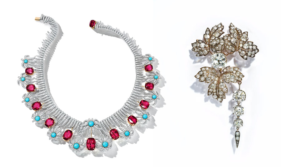 Το κολιέ Tiffany’s Hedges and Flowers, δημιουργήθηκε από τον Jean Schlumberger το 1961, με διαμάντια, τυρκουάζ και ρουμπελίτη // Η διαμαντένια καρφίτσα δημιουργήθηκε αρχικά για την Αυτοκράτειρα Ευγενία το 1855, και επανακτήθηκε από τον οίκο Tiffany & Co. Σε δημοπρασία το 1887