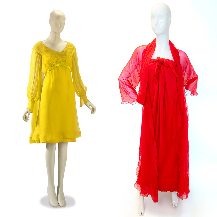 Το εκπληκτικό λαμπερό κίτρινο από σιφόν νυφικό δημιουργία της Sharaff // Το κόκκινο υπέροχο φόρεμα του Halston για την 48η ετήσια τελετή απονομής των βραβείων Όσκαρ