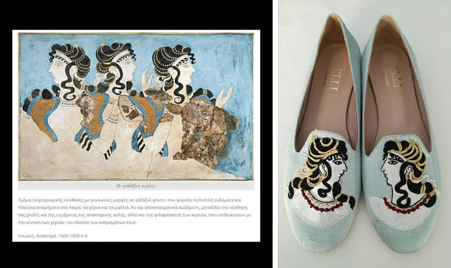 Οι γαλάζιες Κυρίες: Εμπνευσμένα από την τοιχογραφία του ανακτόρου της Κνωσού. Τα παπούτσια είναι φτιαγμένα από γαλάζιο ολομεταξωτό σαντούκ όπως το φόντο της τοιχογραφίας. Τα μαλλιά είναι κεντημένα με τον παραδοσιακό τρόπο που φτιάχνεται η κρητική στολή, με την αδιάκοπη κλωστή και μάλιστα χρυσή για να δοεθί η αίσθηση των χρυσών κοσμημάτων που φορούσαν τότε στα μαλλιά τους, οι Μινωίτισσες αρχόντισσες!