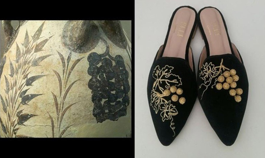Αμπελόφυλλα ή σταφύλια: Τα παπούτσια είναι εμπνευσμένα από τους απέραντους αμπελώνες της Κρήτης. Φτιαγμένα από μαύρο μεταξωτό βελούδο, κεντημένα με χρυσή κλωστή και οι καρποί είναι από κεντημένες χάντρες με χρυσή κλωστή