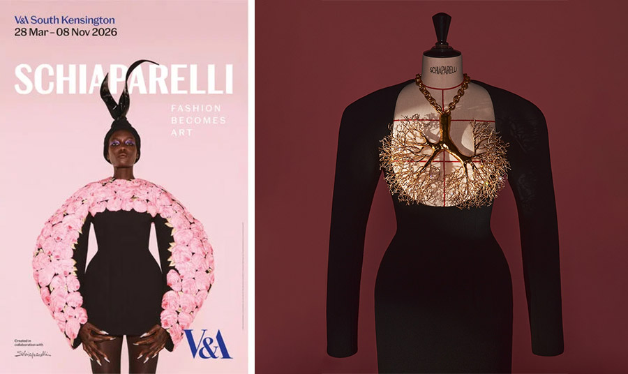 Το πόστερ της έκθεσης // Φόρεμα Schiaparelli από τον Daniel Roseberry, συλλογή Matador Couture Υψηλή ραπτική φθινόπωρο-χειμώνας 2021–2022 Μαλλί κρεπ. Κολιέ από επιχρυσωμένο ορείχαλκο στολισμένο με στρας σε σχήμα πνευμόνων. Φωτογραφία Patrimoine Schiaparelli, Παρίσι