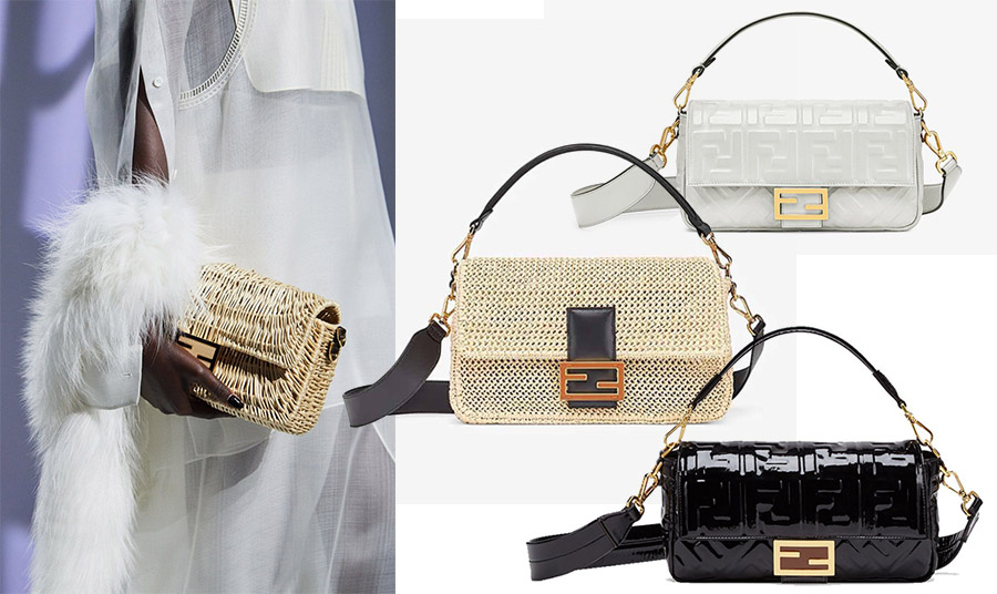 Από τη συλλογή άνοιξη-καλοκαίρι 2021 της Fendi Baguette σε λευκό και μαύρο λουστρίνι αλλά και από ψάθα με δέρμα