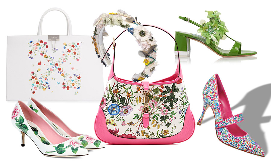 Λευκή τσάντα με διακριτικά λουλουδάτα μοτίβα, Off White //  Στέκα με λουλούδια, Jennifer Behr // Γόβες με ροζ τριαντάφυλλα, Dolce&Gabbana // Τσάντα «Jackie», Gucci // Πράσινα πέδιλα, Prada // Λουλουδάτη γόβα με μπαρέτα, Manolo Blanhik