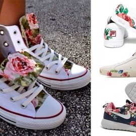 Καλό είναι να συνδυάζετε τα φλοράλ sneakers με απλά χρώματα. Λευκά sneakers με μεγάλα τριαντάφυλλα, Fila // Με διακριτικά λουλούδια σε σουέντ, Golden goose // Mπλε με ροζ λουλούδια, Nike