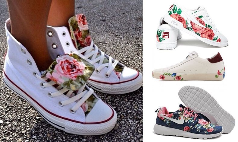 Καλό είναι να συνδυάζετε τα φλοράλ sneakers με απλά χρώματα. Λευκά sneakers με μεγάλα τριαντάφυλλα, Fila // Με διακριτικά λουλούδια σε σουέντ, Golden goose // Mπλε με ροζ λουλούδια, Nike