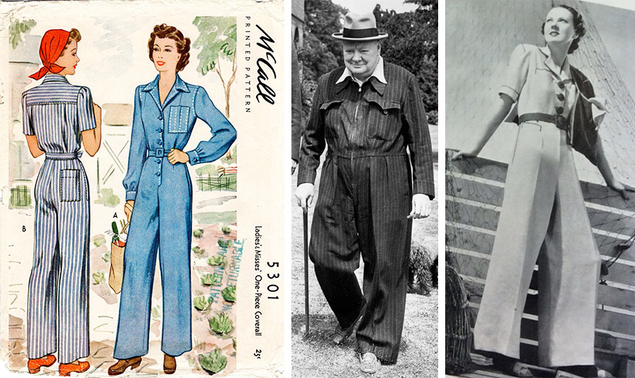 Πατρόν από φιγουρίνι του 1942 με ολόσωμες φόρμες // Ο Τσώρτσιλ με boiler suit στη δεκαετία του ’40 // Φόρεμα σε στιλ πιτζάμα Vera Borea το 1935 