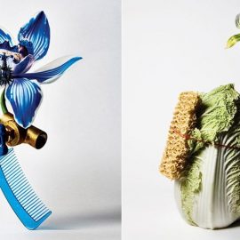 Ορχιδέα Cymbidium στερεωμένη με μία βάση βρύσης πάνω σε μία χτένα // Ορχιδέα καρφωμένη πάνω σε ένα άισμπρεγκ με βραχιόλι Pomellato