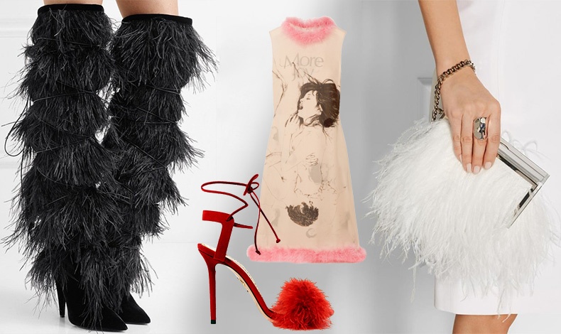 Μπότες από σουέντ στολισμένες με φτερά, Saint Laurent // Κόκκινο πέδιλο, Charlotte Olympia // Φόρεμα με ροζ πούπουλα, Christopher Kane // Clutch με λευκά πούπουλα, Jimmy Choo