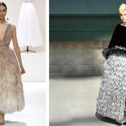 Πολυτέλεια και φινέτσα σε μία δημιουργία της Υψηλής Ραπτικής Dior για τον χειμώνα 2019 // Μαύρα φτερά στολίζουν μανίκια και ζώνη πάνω από μία μακριά φούστα από ασημί μεταλλικά φτερά για τον οίκο Chanel
