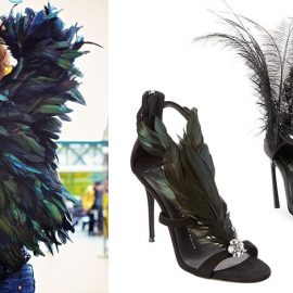 Μεγάλα και εντυπωσιακά φτερά σε πανωφόρι αλλά και στα παπούτσια, όπως τα μαύρα πέδιλα, Giuseppe Zanotti ή στα πέδιλα με λεπτά φτερά και πούπουλα, Saint Laurent