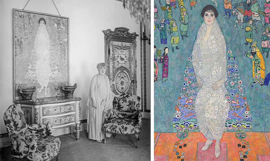 Η μητέρα της Ελίζαμπεθ, Σζερένα, στο διαμέρισμά της στη Βιέννη με το πορτρέτο, φωτογραφημένη το 1930 PHOTO WIKIPEDIA // Πορτρέτο της Elisabeth Lederer από τον Gustav Klimt (1914-1916). PHOTO WIKIPEDIA
