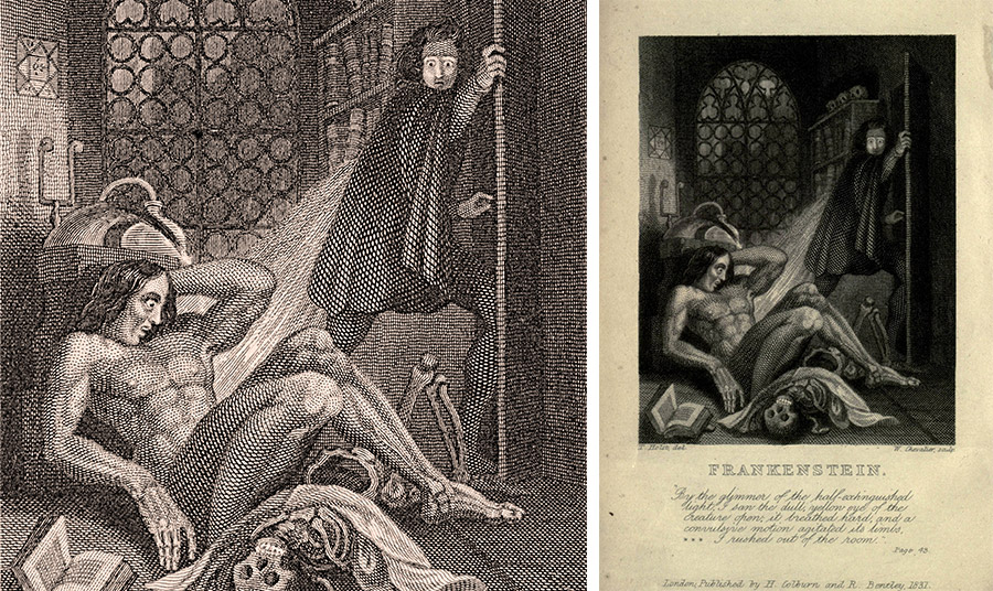 Illustration by Theodor von Holst από την έκδοση «Frankenstein» εκδόσεις Frontispiece 1831 PHOTO WIKIPEDIA // Eσωτερικό εξώφυλλο «Frankenstein» WIKIMEDIA COMMONS