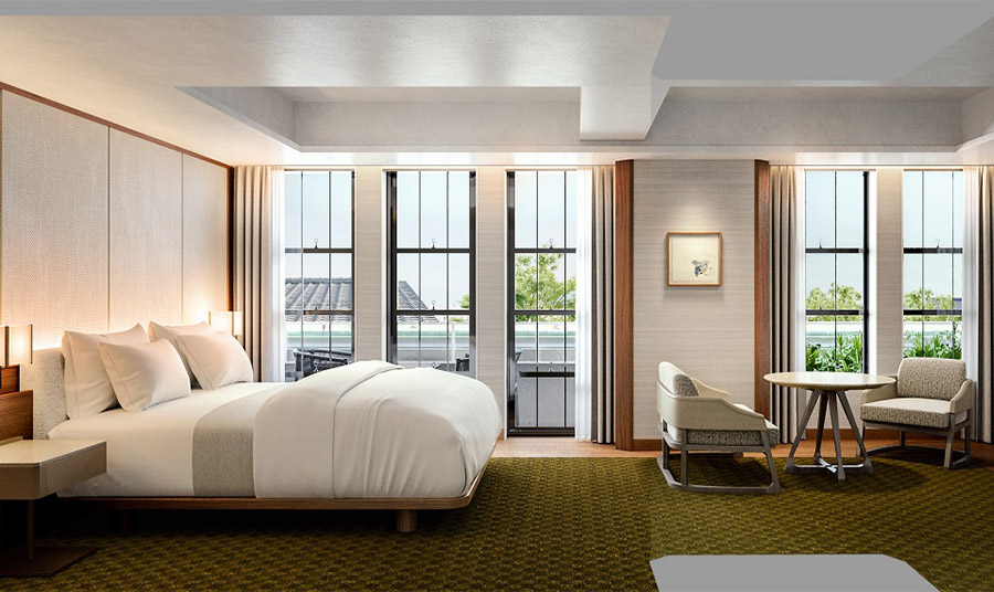 Οι λεπτομέρειες σχεδιασμού που αναδεικνύουν τοπικά υλικά, όπως κεφαλάρια από κέδρο, κρεμ μεταξωτές ταπετσαρίες, ράφια από ξύλο zelkova χαρακτηρίζουν τα πολυτελή δωμάτια