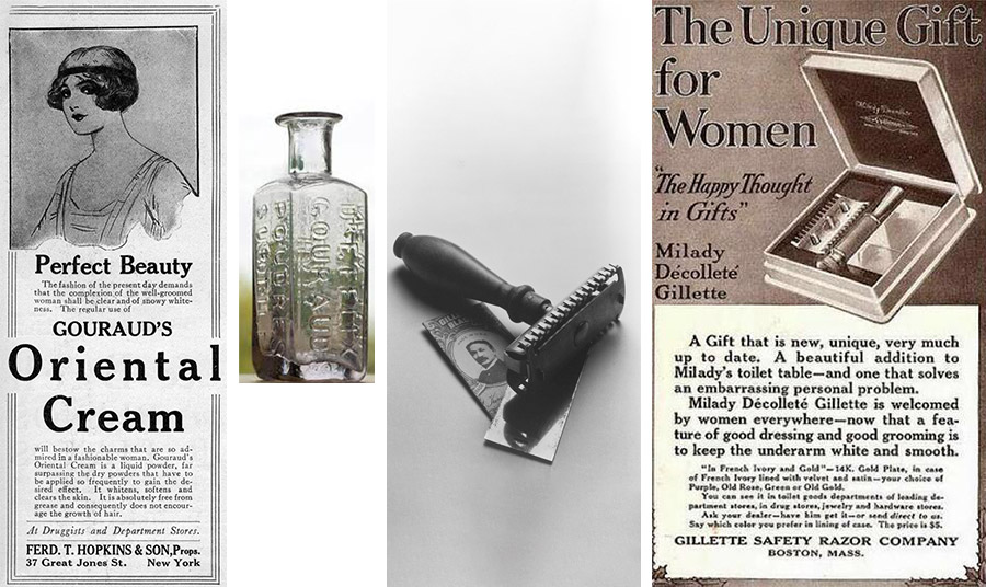 Διαφήμιση του Δρ Gouraud που δημιούργησε μια από τις πρώτες εμπορικές αποτριχωτικές κρέμες // Μπουκαλάκι από την Poudre Subtile. //  Το πρώτο ξυραφάκι που εφευρέθηκε από τον Gilette περίπου το 1901 // Διαφήμιση για το ξυραφάκι Gilette για γυναίκες που τονίζει ότι οι περιποιημένες γυναίκες φροντίζουν για την καθαρή και απαλή επιδερμίδα τους στις μασχάλες το 1917