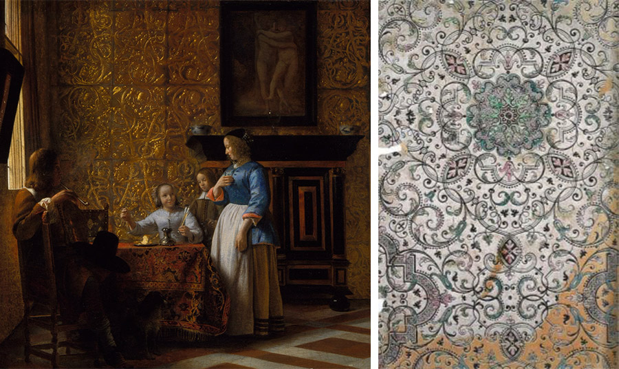 Zωγραφισμένη ταπετσαρία του 16ου αιώνα σε σπίτι πλούσιων Οιλλανδών από τον  Pieter de Hooch (1665) © VICTORIA & ALBERT MUSEUM LONDON // Ταπετσαρία από τον Jean-Michel Papillon, περί το 1710 PHOTO